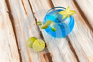 Blue lemonade served in a large fishbowl