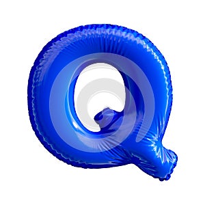 Blue letter Q made of inflatable balloon isolated on white background