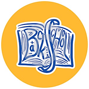Blue lettering doodle icon - book with text back to school  on yellow background photo