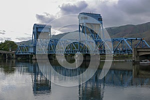 The blue Lewiston Clarkston bridge spanning the Snake River