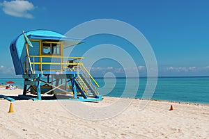 blue lifeguard at miami beach with copy space. lifeguard at miami beach in summer.