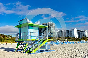 blue lifeguard at miami beach vacation. photo of lifeguard at miami beach. lifeguard