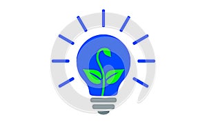 Blue light bulb, flat icon. Electric lamp with rays and green sprout growing inside, outline simple pictogram. Vector graphic