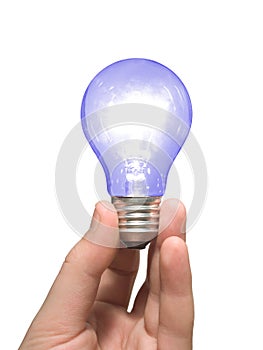 Blue light bulb in hand