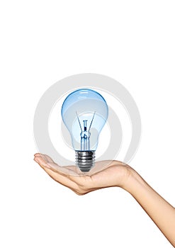 Blue Light bulb in hand