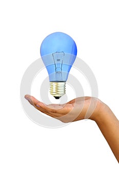 Blue Light bulb in hand