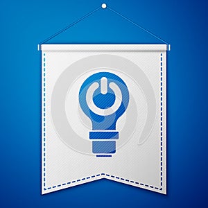 Blue Light bulb with lightning symbol icon isolated on blue background. Light lamp sign. Idea symbol. White pennant