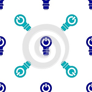 Blue Light bulb with lightning symbol icon isolated seamless pattern on white background. Light lamp sign. Idea symbol