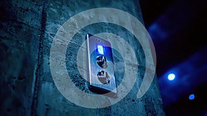 A blue light on a concrete wall.