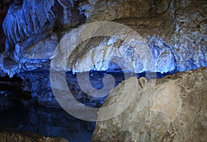 Blue light inside a cave