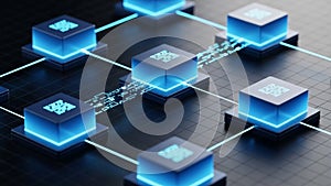 With blue light, interconnected by digital pathways against a grid-patterned