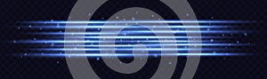 Blue light speed stripes isolated on transparent background. Horizontal lens flares.