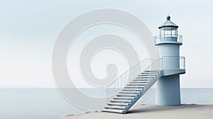 Blue lighthouse with metal staircase, on empty sand beach by the sea. Calm coastal landscape on a warm summer day. Generative AI