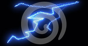 Blue lightning bolts of electrical current moving wildly across a black background