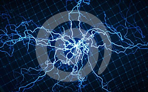 Blue lightning with dark background, 3d rendering