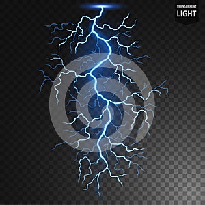 Blue Lightning Flash Bolt, Thunderstorm effect, Electrical Concepton tranasparent background. Vector Illustration