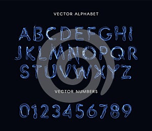 Blue lightning style letters and numbers set. Unusual plasma font, electricity lines alphabet, magic abc. Vector typeset