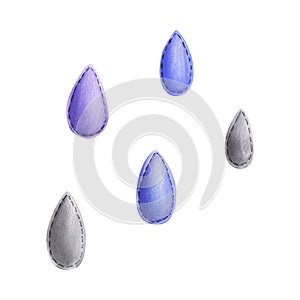 Blue, lilac and gray raindrops sewn from fabric with thread stitches. Watercolor illustration, hand drawn. Set of