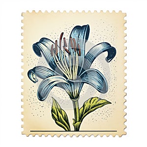 Blue Lily On Postage Stamp: Mid-century American Romanticism Illustration