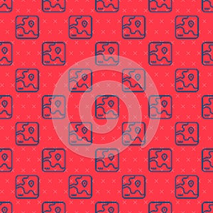 Blue line Africa safari map icon isolated seamless pattern on red background. Vector