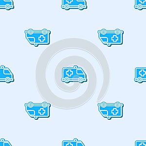 Blue line Ambulance and emergency car icon isolated seamless pattern on grey background. Ambulance vehicle medical