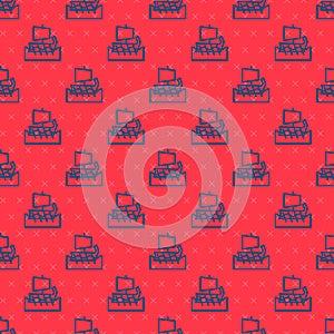 Blue line Ancient Greek trireme icon isolated seamless pattern on red background. Vector