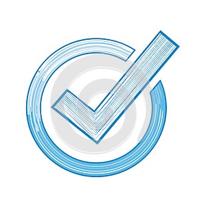 Blue line art checkmark icon in a circle symbolizing completion confirmation success and approval