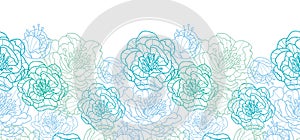 Blue line art flowers horizontal seamless pattern