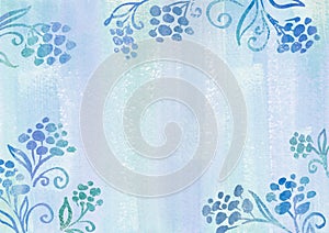 Blue line art leafs and flowers on Watercolor paint abstract Background. Light green and turquoise spot and drop texture