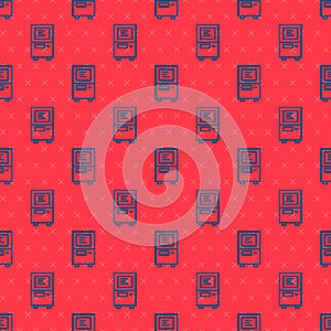 Blue line ATM - Automated teller machine icon isolated seamless pattern on red background. Vector
