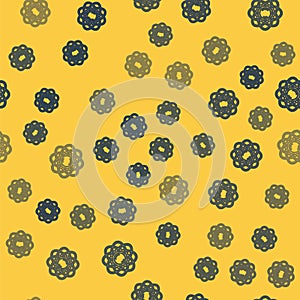 Blue line Atom icon isolated seamless pattern on yellow background. Symbol of science, education, nuclear physics