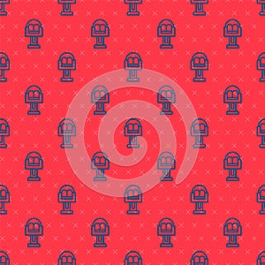 Blue line Attraction carousel icon isolated seamless pattern on red background. Amusement park. Childrens entertainment