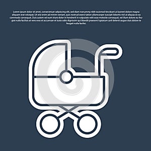 Blue line Baby stroller icon isolated on blue background. Baby carriage, buggy, pram, stroller, wheel. Vector