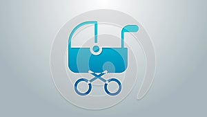 Blue line Baby stroller icon isolated on grey background. Baby carriage, buggy, pram, stroller, wheel. 4K Video motion