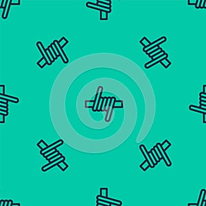 Blue line Barbed wire icon isolated seamless pattern on green background. Vector