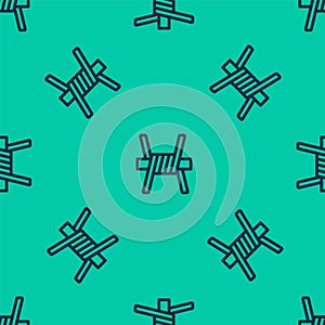 Blue line Barbed wire icon isolated seamless pattern on green background. Vector