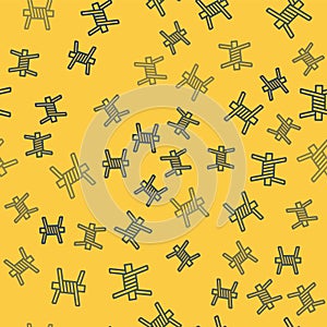 Blue line Barbed wire icon isolated seamless pattern on yellow background. Vector