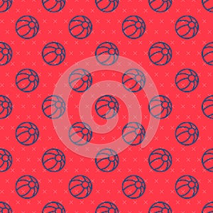 Blue line Beach ball icon isolated seamless pattern on red background. Children toy. Vector