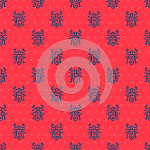 Blue line Beetle deer icon isolated seamless pattern on red background. Horned beetle. Big insect. Vector