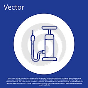 Blue line Bicycle air pump icon isolated on blue background. White circle button. Vector