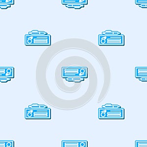 Blue line Blank template of the bank check and pen icon isolated seamless pattern on grey background. Checkbook cheque