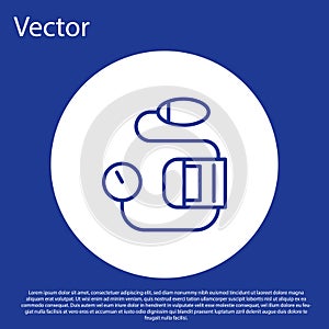 Blue line Blood pressure icon isolated on blue background. White circle button. Vector Illustration