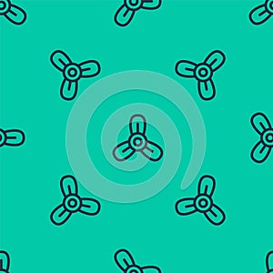 Blue line Boat propeller, turbine icon isolated seamless pattern on green background. Vector
