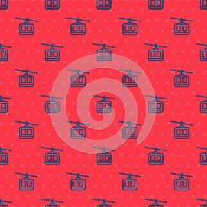 Blue line Cable car icon isolated seamless pattern on red background. Funicular sign. Vector