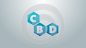 Blue line Cannabis molecule icon isolated on grey background. Cannabidiol molecular structures, THC and CBD formula