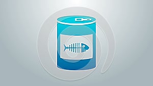 Blue line Canned food for cat icon isolated on grey background. Fish skeleton sign. Food for animals. Pet dog food can