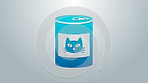 Blue line Canned food for cat icon isolated on grey background. Food for animals. Pet dog food can. 4K Video motion