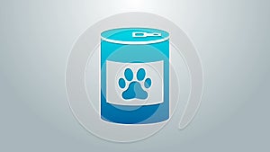 Blue line Canned food icon isolated on grey background. Food for animals. Pet food can. Dog or cat paw print. 4K Video