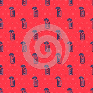 Blue line Car key with remote icon isolated seamless pattern on red background. Car key and alarm system. Vector
