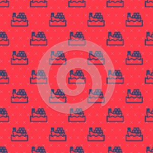 Blue line Cargo ship with boxes delivery service icon isolated seamless pattern on red background. Delivery